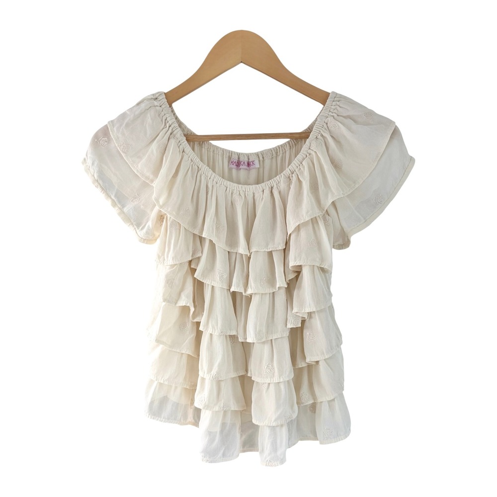 Vintage Madka Makk Ivory Tiered Ruffle Off Shoulder Peasant Blouse Boho XS S